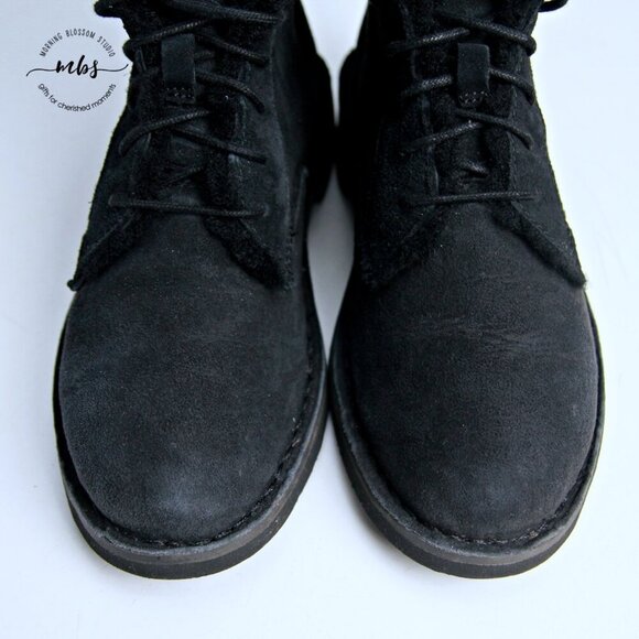 UGG Quincy Shearling Suede Lace Up Fold Over Short Boot Black Women 6.5 - Picture 12 of 16